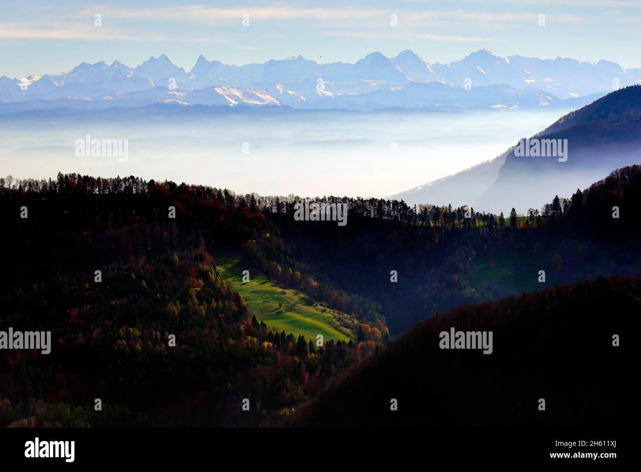 Panoramic view from the mountains above the Regional Nature Park Thal Balsthal, Switzerland. The Jura Mountains in the canton of Solothurn in Switzerl Stock Photo