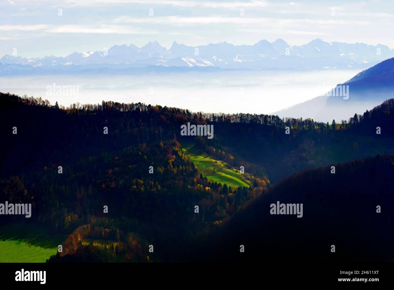 Panoramic view from the mountains above the Regional Nature Park Thal Balsthal, Switzerland. The Jura Mountains in the canton of Solothurn in Switzerl Stock Photo