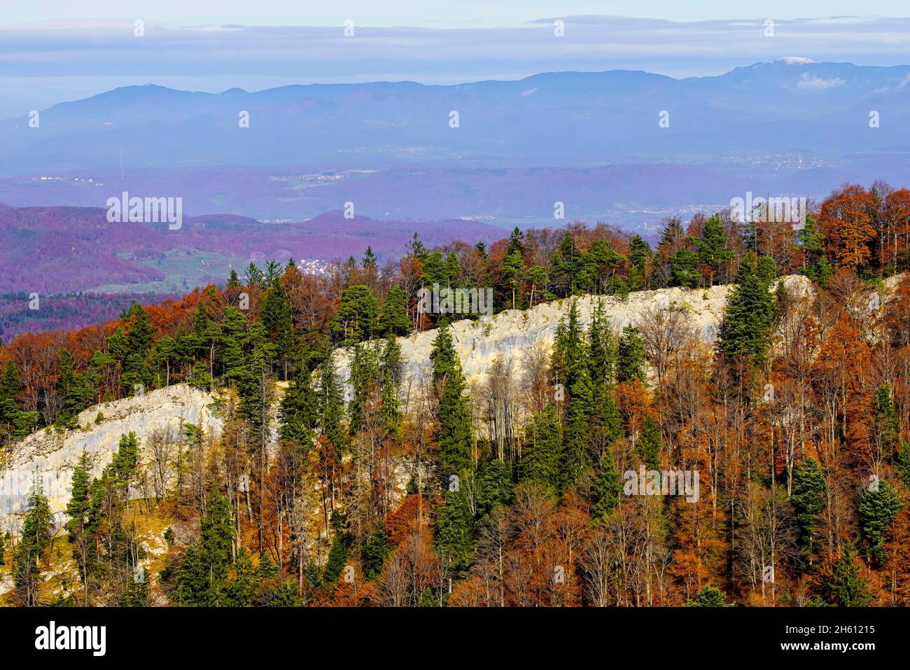 Panoramic view from the mountains above the Regional Nature Park Thal Balsthal, Switzerland. The Jura Mountains in the canton of Solothurn in Switzerl Stock Photo