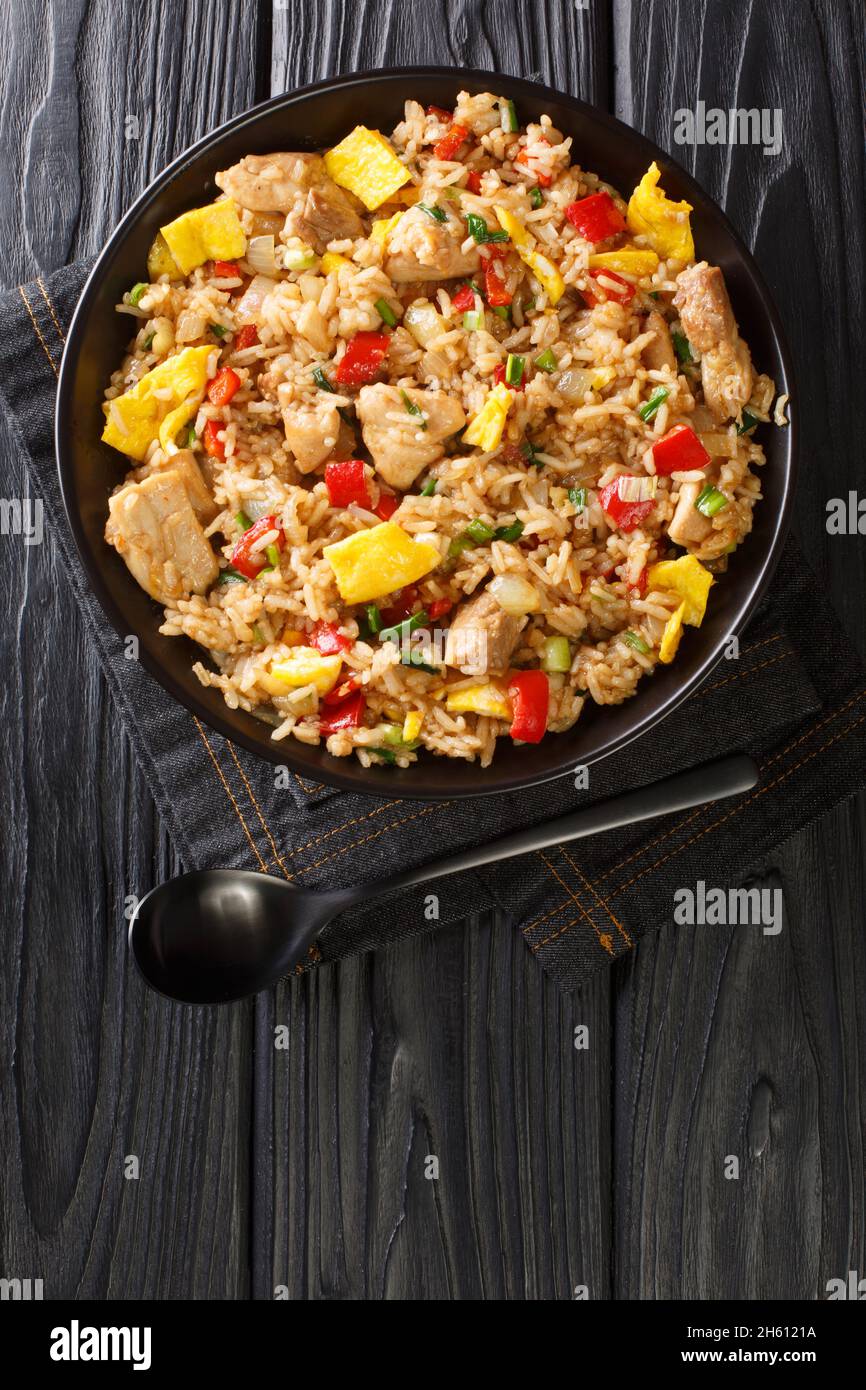Arroz Chaufa is Peruvian Chinese fried rice consists of rice, red bell peppers, onions, garlic, soy sauce, scrambled eggs and chicken close up in the Stock Photo