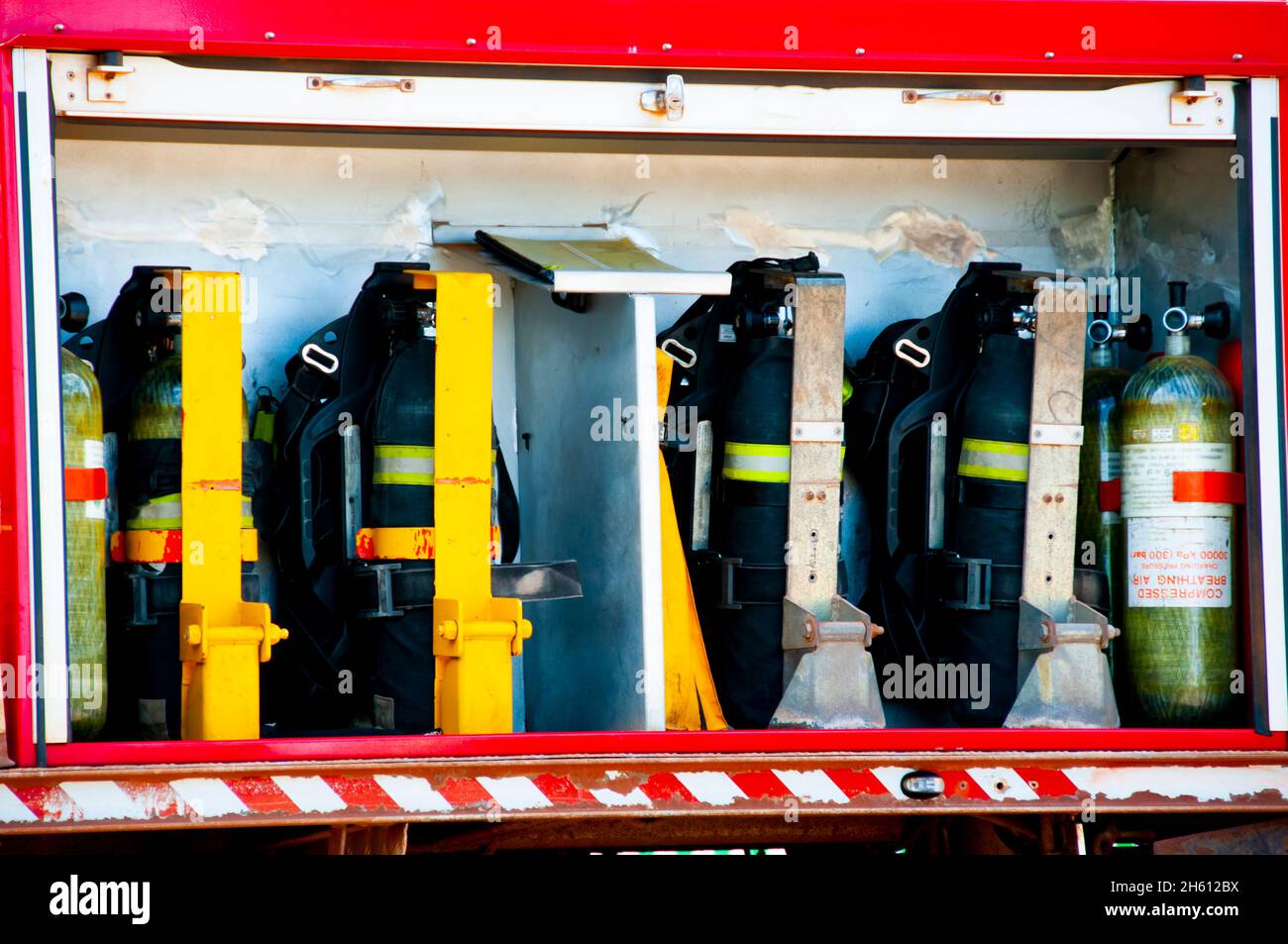 Self-Contained Breathing Apparatus Stored in a Firetruck Stock Photo