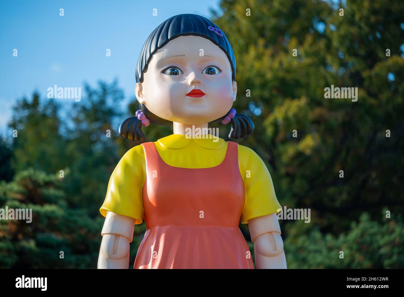 Seoul, South Korea - November 2021: The giant doll from Netflix