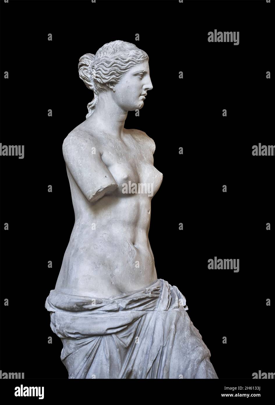 Venus de Milo ancinet Greek statue of Aphrodite, circa 150 and 125 BC, Louvre Museum Ma399 or N527. Aphrodite is depicted hair in a bun with a headban Stock Photo
