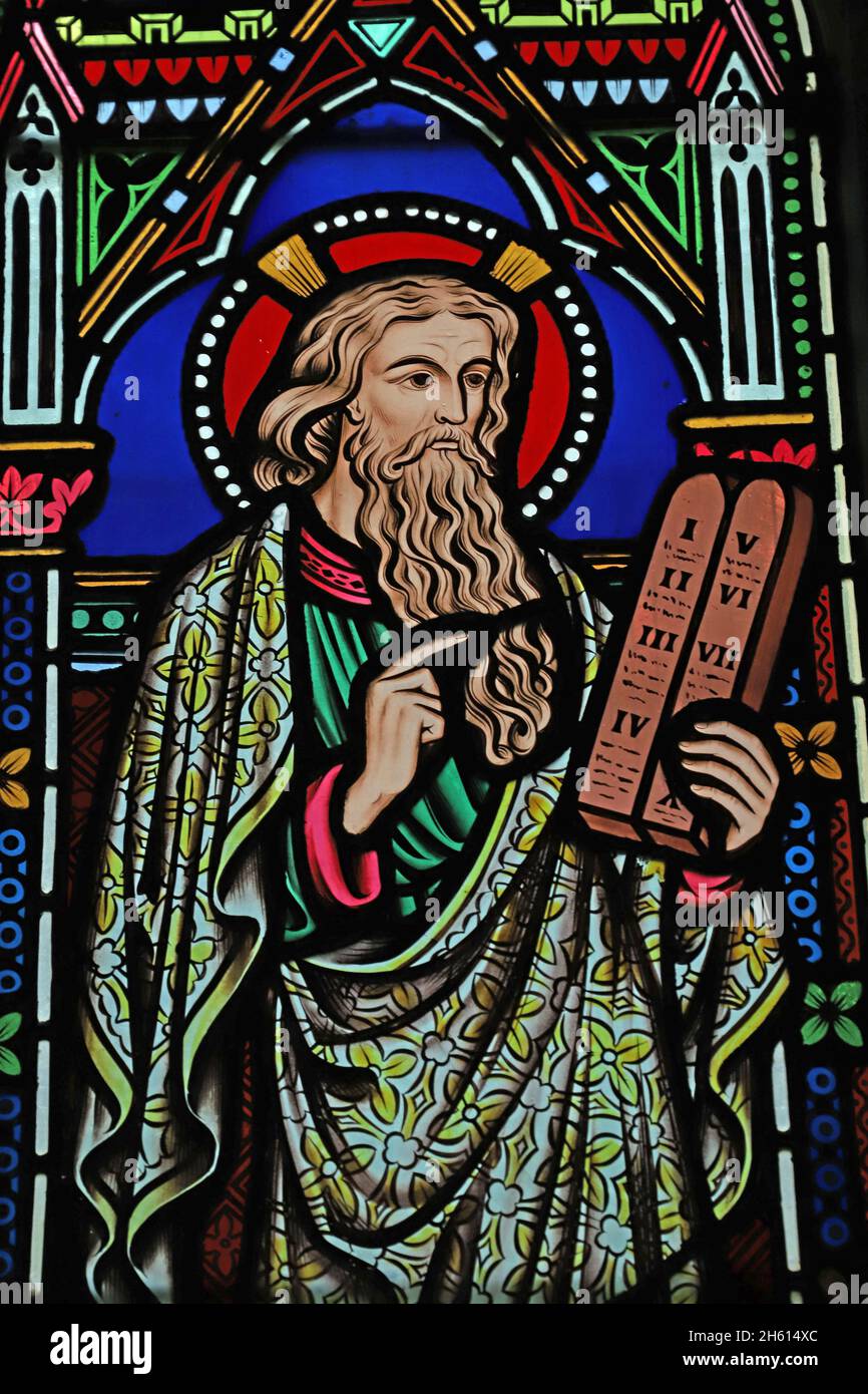 A stained glass window by Frederick Preedy depicting Moses, Church Of St Mary & St Milburgh, Offenham, Worcestershire Stock Photo