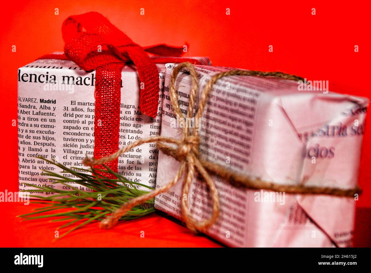 Madrid, Spain November 12, 2021 Gifts wrapped in old newspaper with