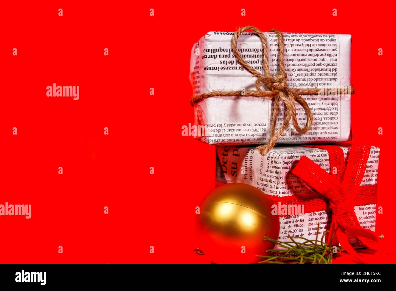 Madrid, Spain November 12, 2021 Gifts wrapped in old newspaper with