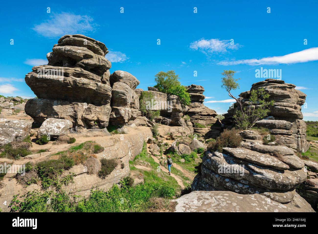 North Yorkshire, view in summer of a woman with a backpack exploring huge eroded rock formations at Brimham Rocks in Nidderdale, Yorkshire, England UK Stock Photo