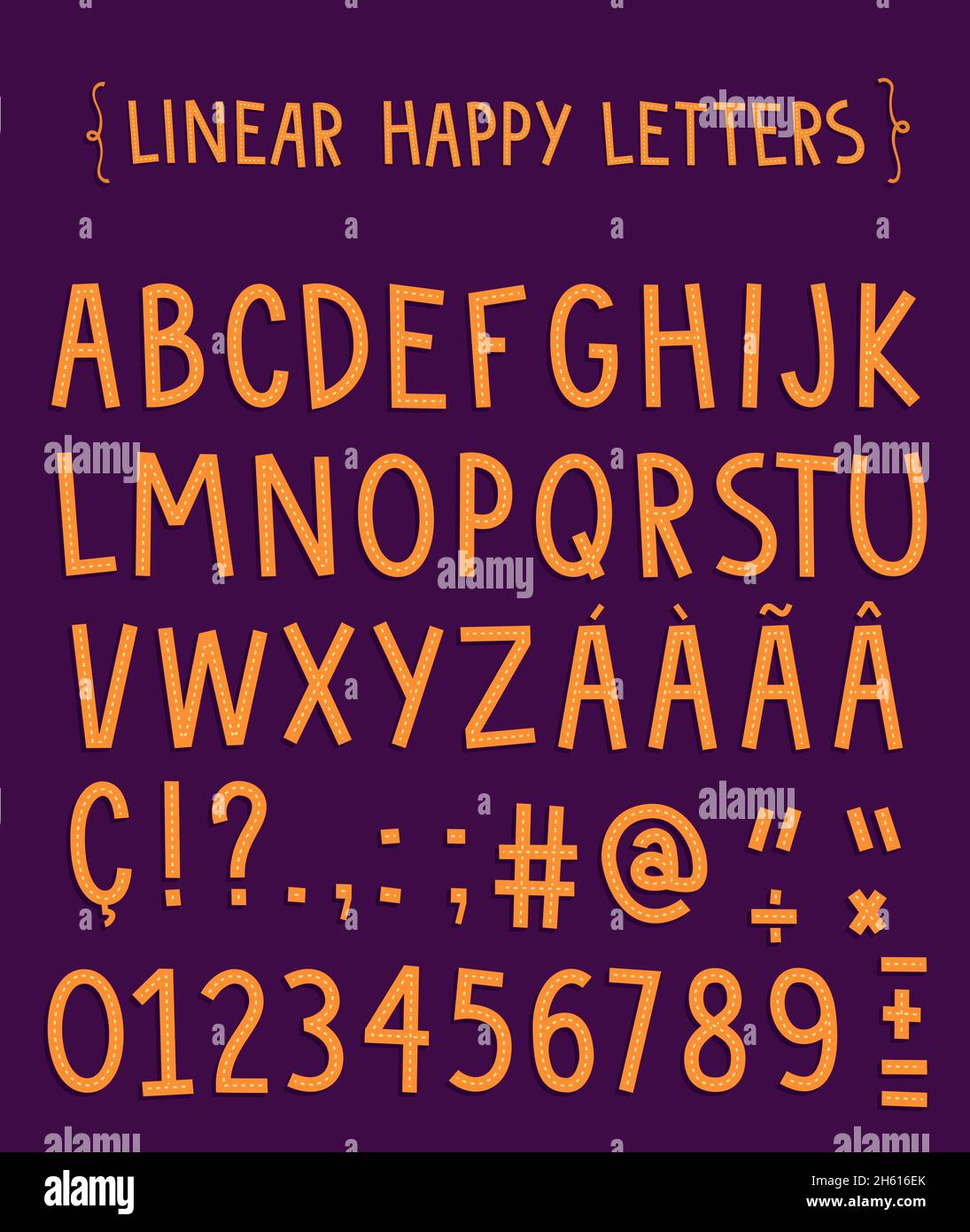 Hand drawn linear happy alphabet. Letters, numbers, math signs accents, punctuation etc Stock