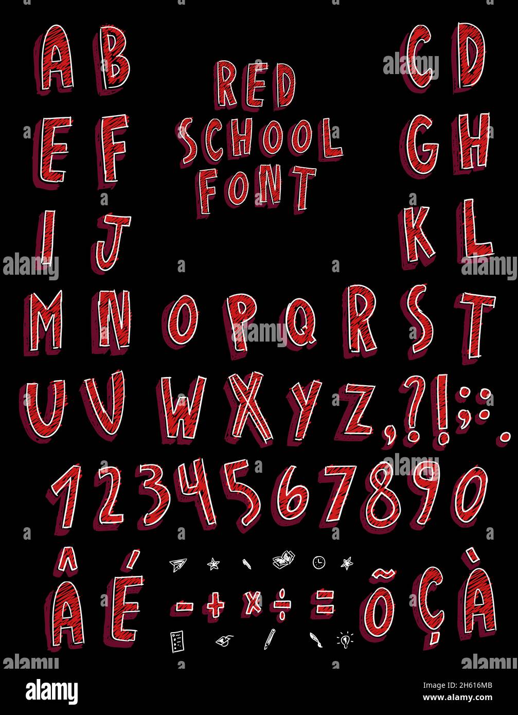 Hand drawn colorful letters. Numbers, math signs, accents, commas, periods, end, semicolon