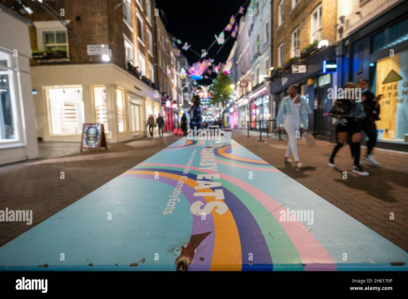 LONDON NOVEMBER 1, 2021 Colourful table with Carnaby Street