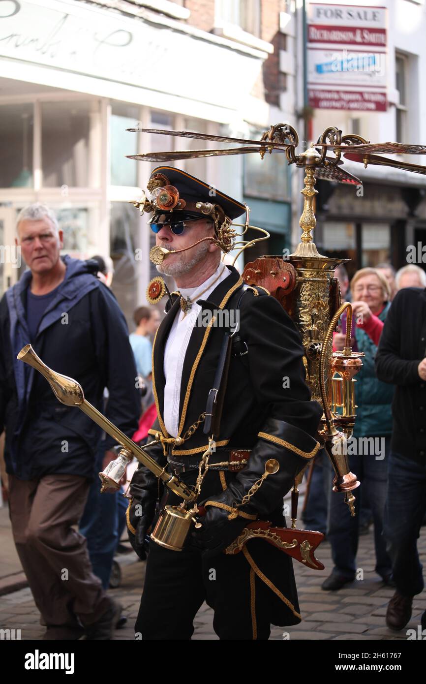 Man in bizarre and complicated Steam Punk outfit at Whitby Goth Festival Stock Photo