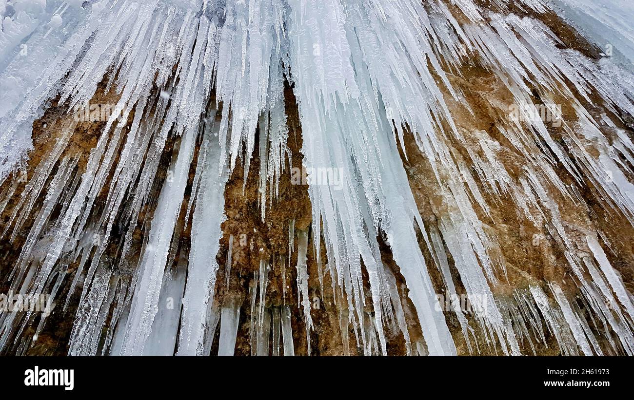 Close up of icicle at icefall Rotes Tor, Rankweil, Vorarlberg. Stock Photo