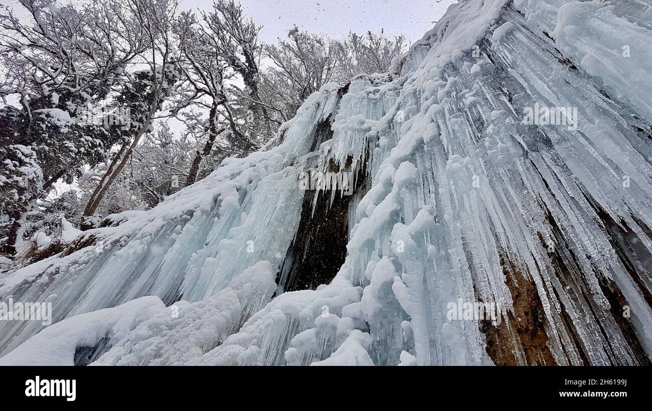 Icicles at icefall Rotes Tor in Rankweil, Vorarlberg, Austria. Stock Photo