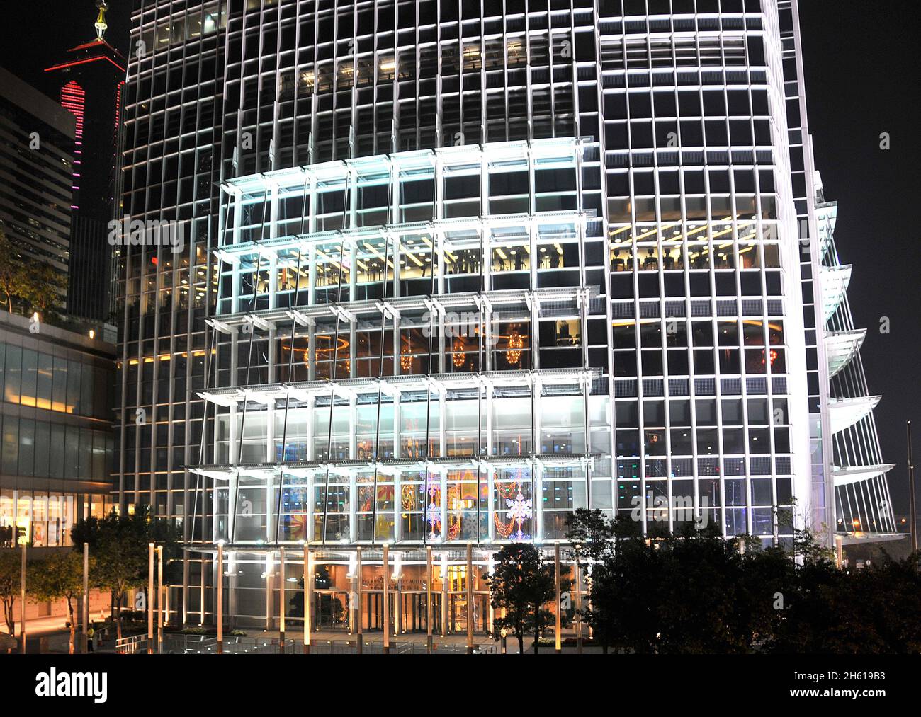 International Finance Center tower building (IFC) by night, Hong Kong island, China Stock Photo