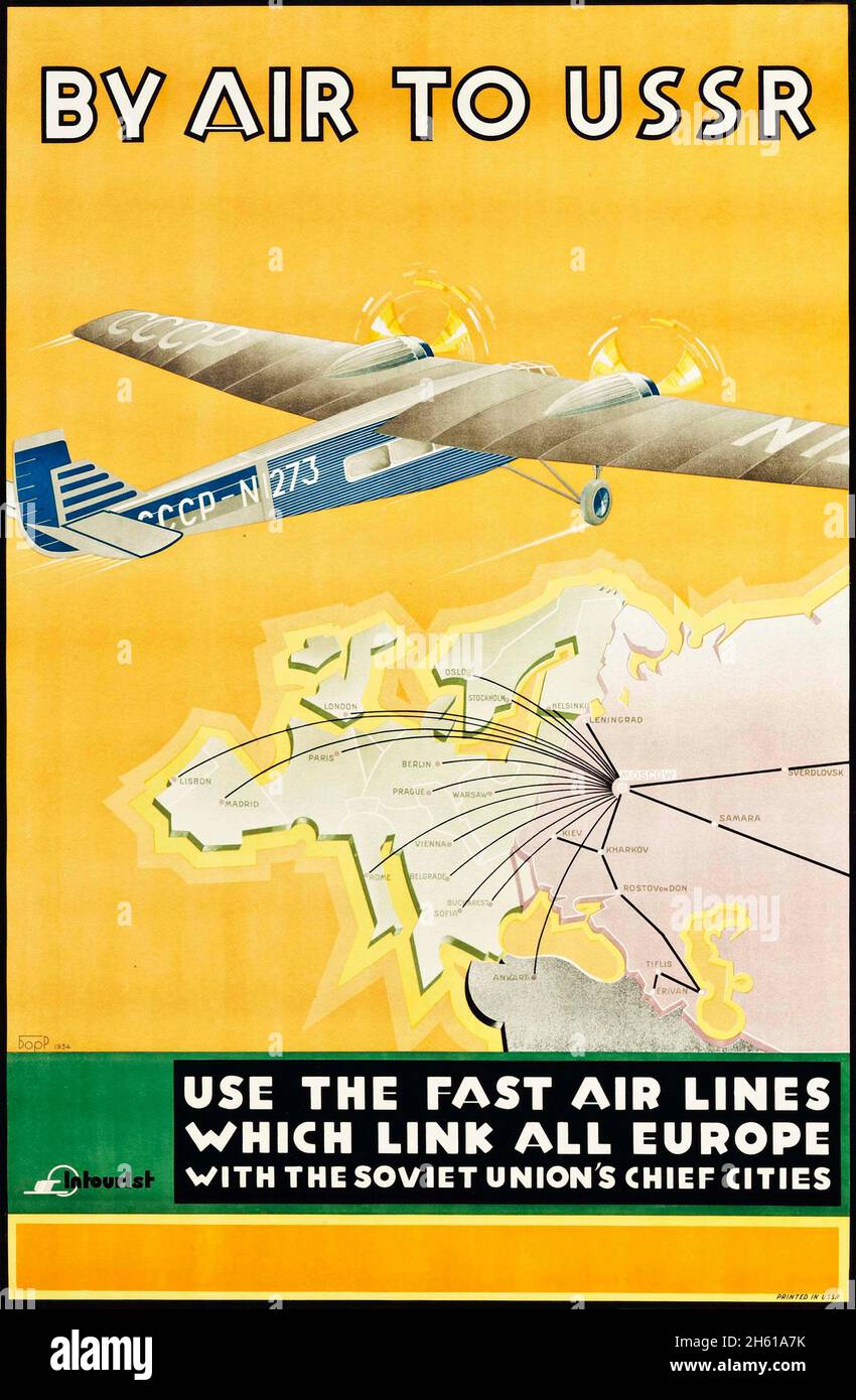 Konstantin Bor Ramensky (1900–1942) BY AIR TO USSR - vintage Russian travel poster. 'Use the fast air lines which link all Europe'. Stock Photo