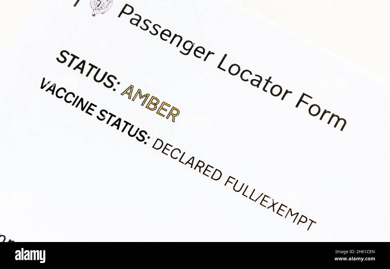 A passenger locator form, a legal requirement for international travel. Stock Photo
