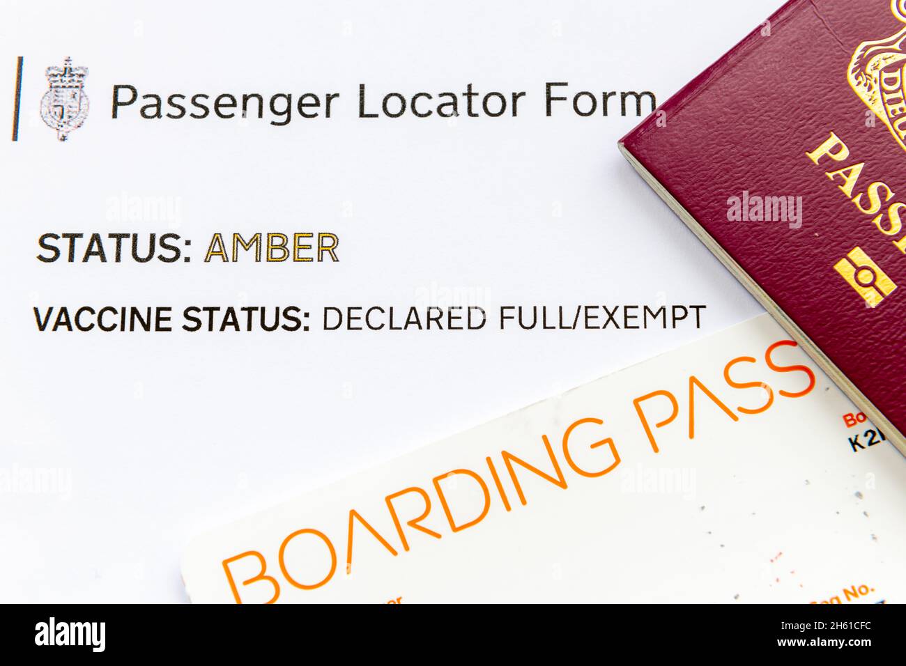 Passport, boarding pass and passenger locator form. Some of the documents required for international travel during Covid-19 pandemic. Stock Photo