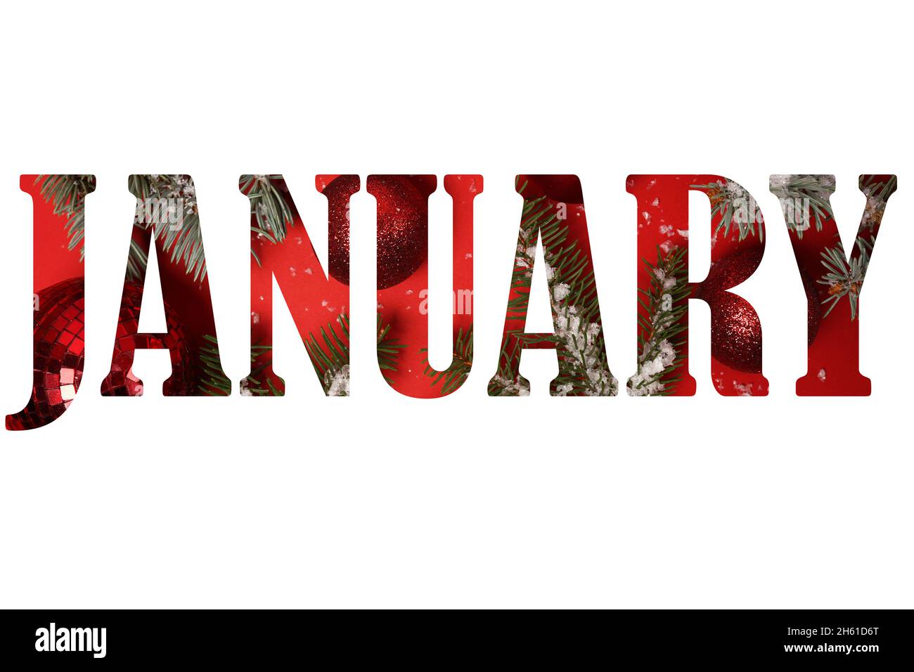 Word january from red backround with chritmas tree and decorations