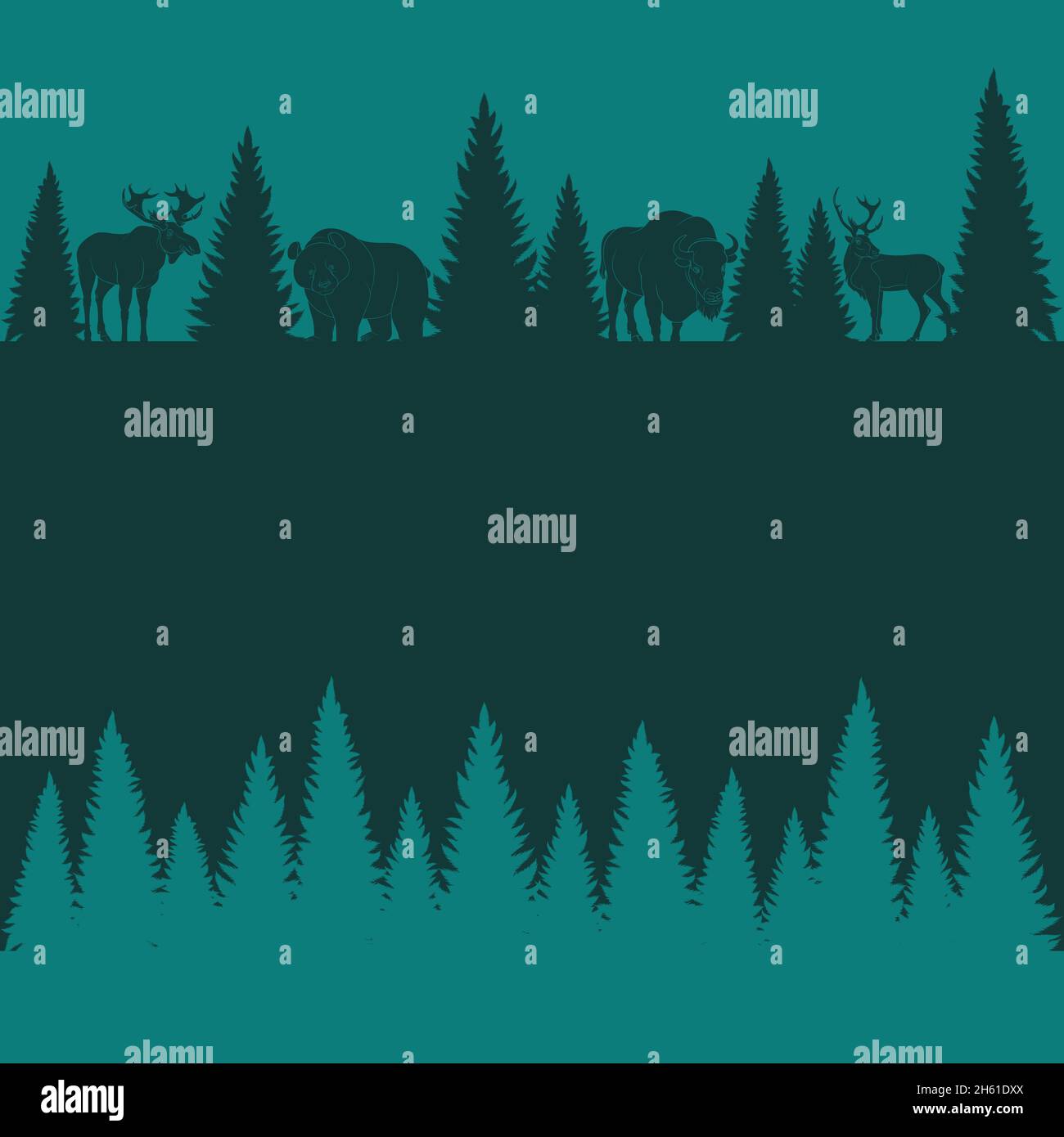 Background of silhouettes of wild forest animals and trees. Vector ...