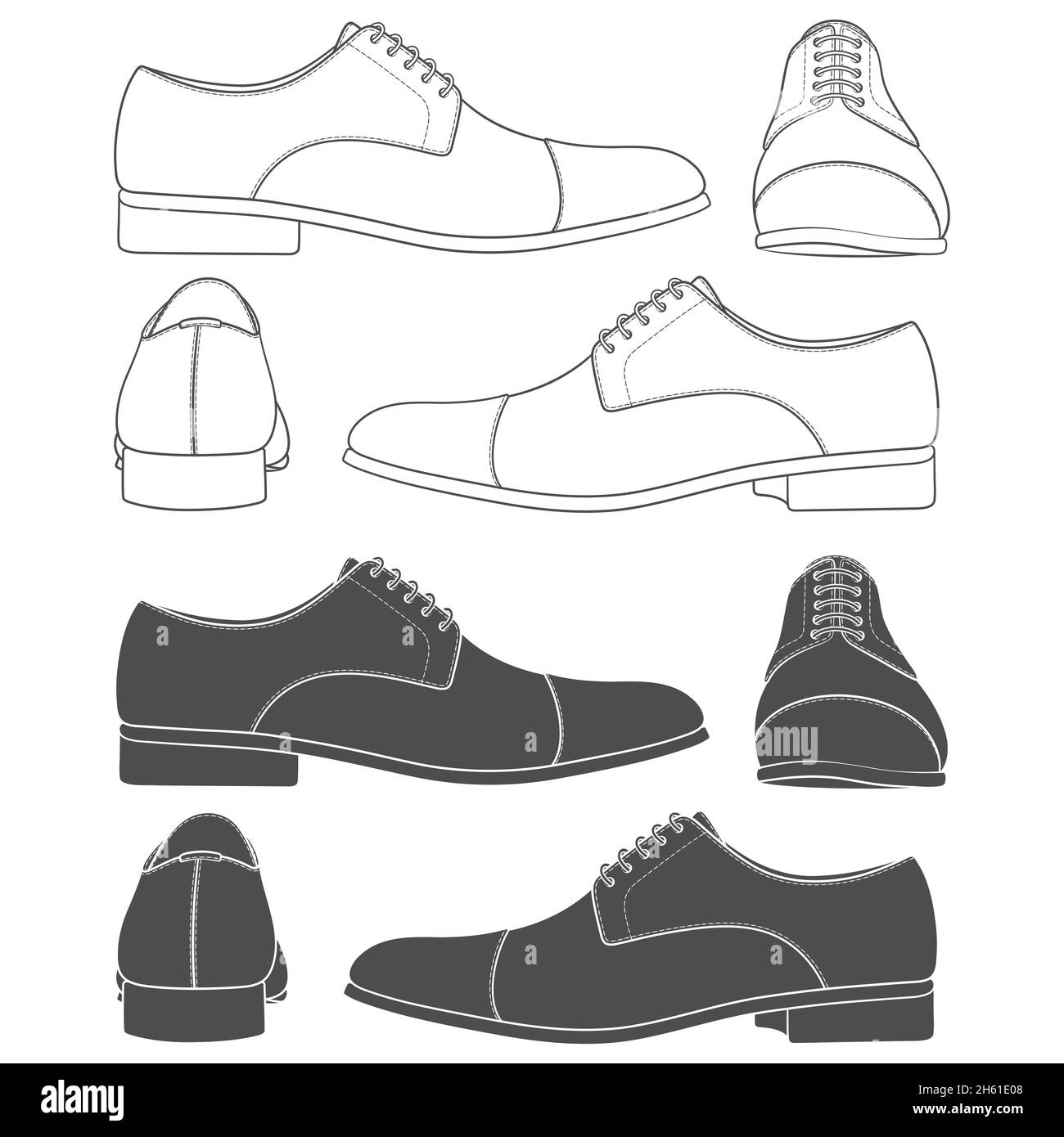 Set of black and white illustrations with classic men's shoes. Isolated vector objects on white background. Stock Vector