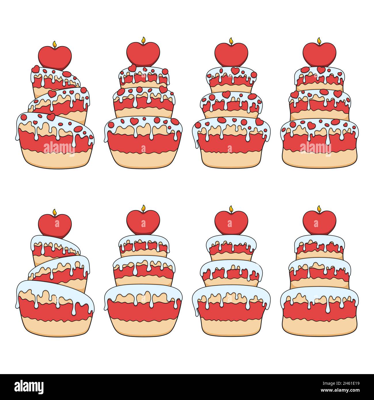 Set of color illustrations with red and white cakes with hearts