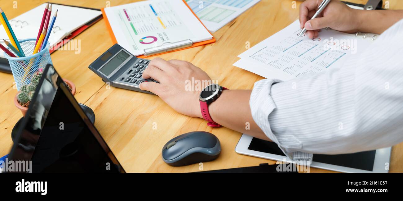 Financial businessman accounting calculating cost economic budget in home office. Investment and