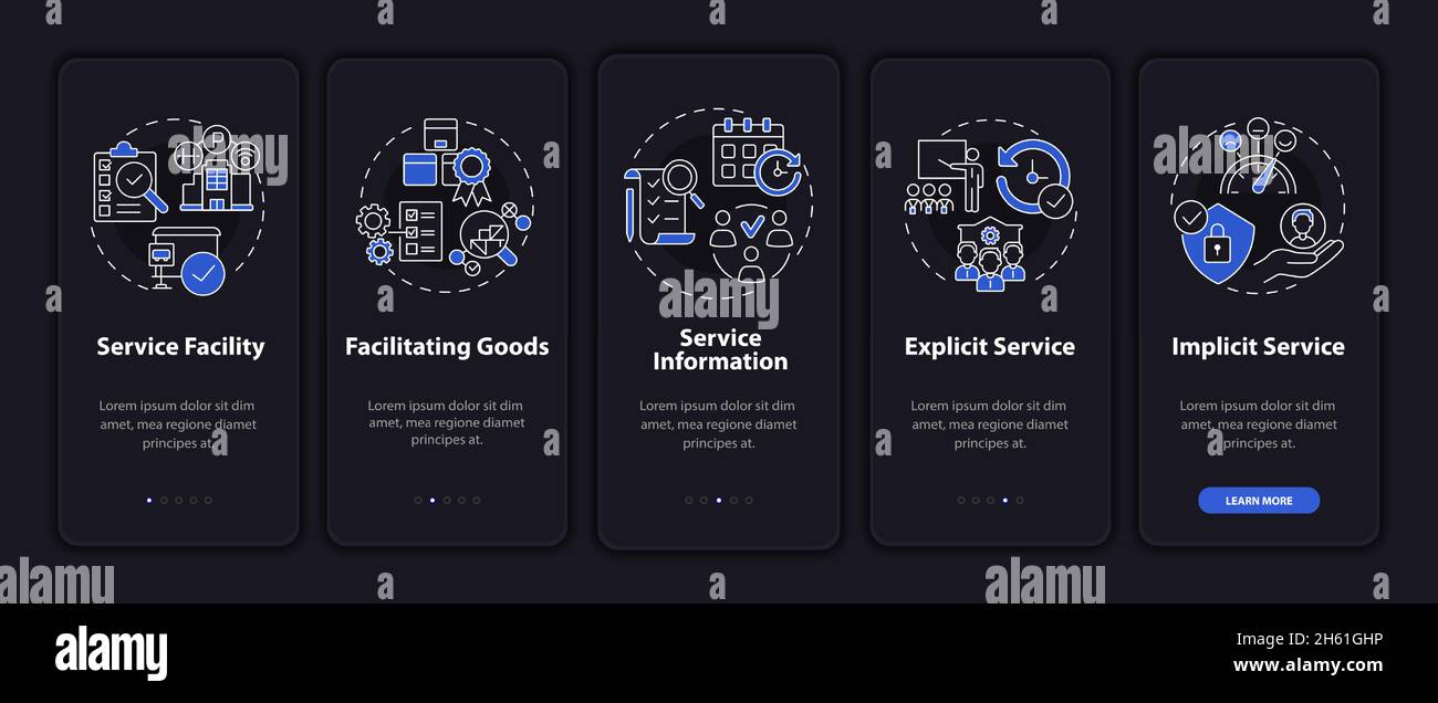 Service characteristics dark onboarding mobile app page screen Stock ...
