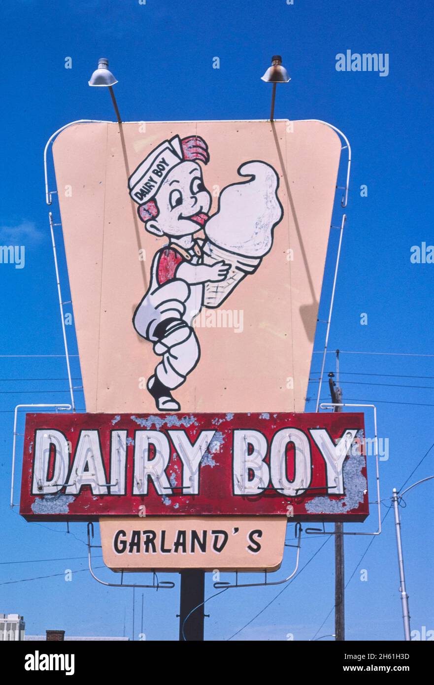 Garland Dairy Boy ice cream sign, Route 66, Weatherford, Oklahoma; ca. 1982 Stock Photo