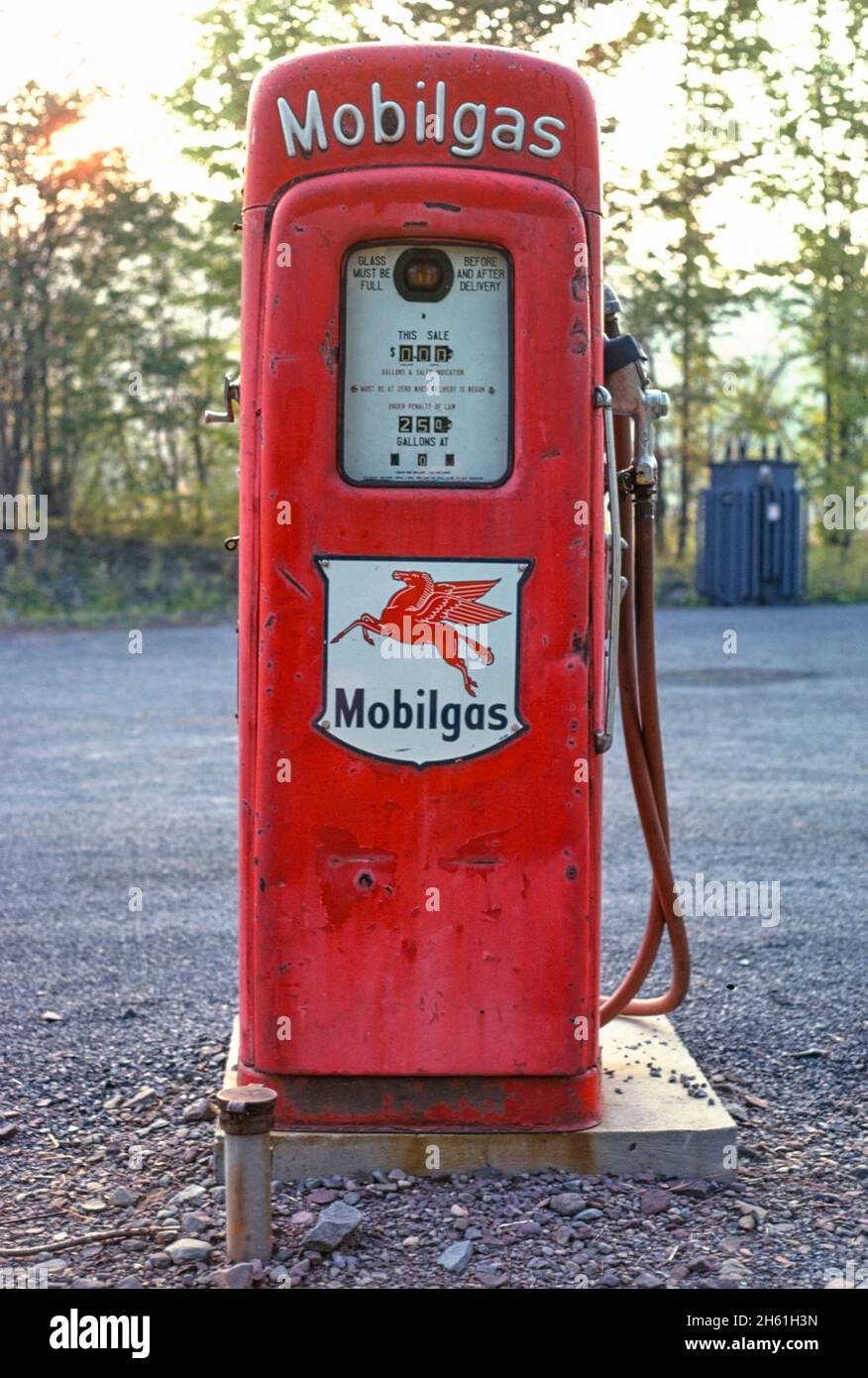 Mobil gas pump, Windham, New York; ca. 1977 Stock Photo