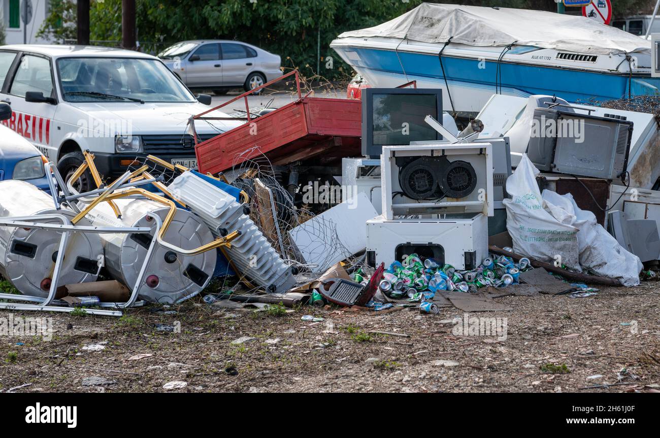Lefkada island. Greece. 10.26.2021.  Household appliances, products and general waste illegally dumped damaging the environment. Stock Photo