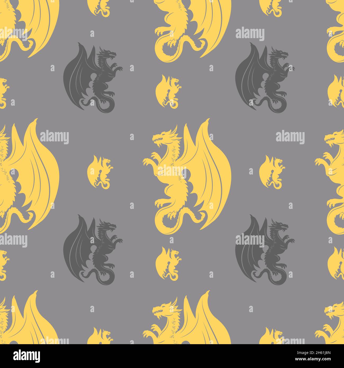 Silhouettes of a golden dragon seamless pattern with wings. Stock Vector