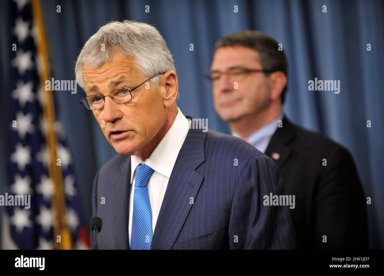 In his first press briefing as Secretary of Defense, Chuck Hagel  talks about the the onset of the sequester and the grave impact it will have on national security and the readiness of the military at the Pentagon, Feb. 28, 2013. Stock Photo