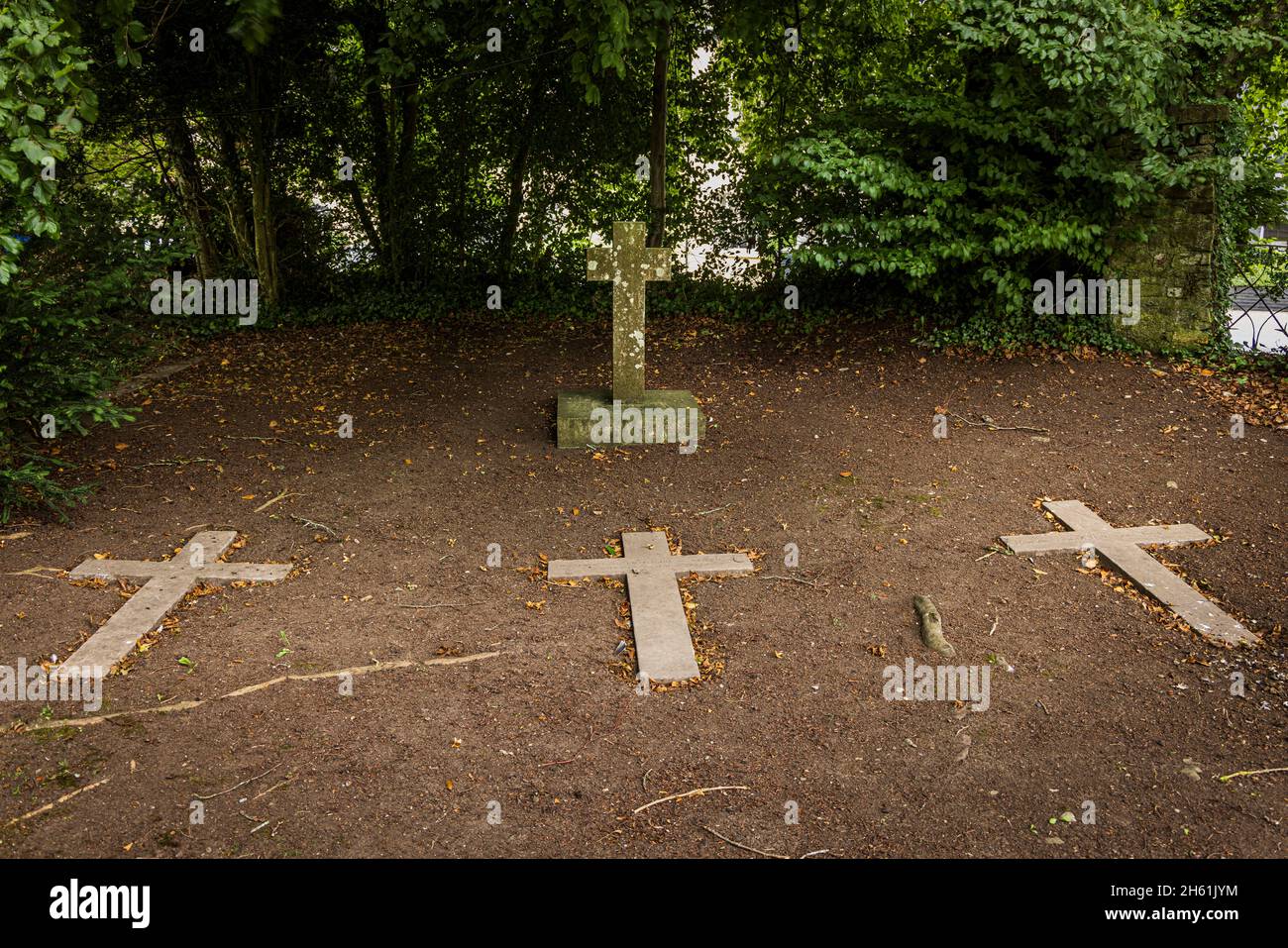 Grave markers, stone crosses in the graveyard at Johnstown old church, County Kildare, Ireland Stock Photo