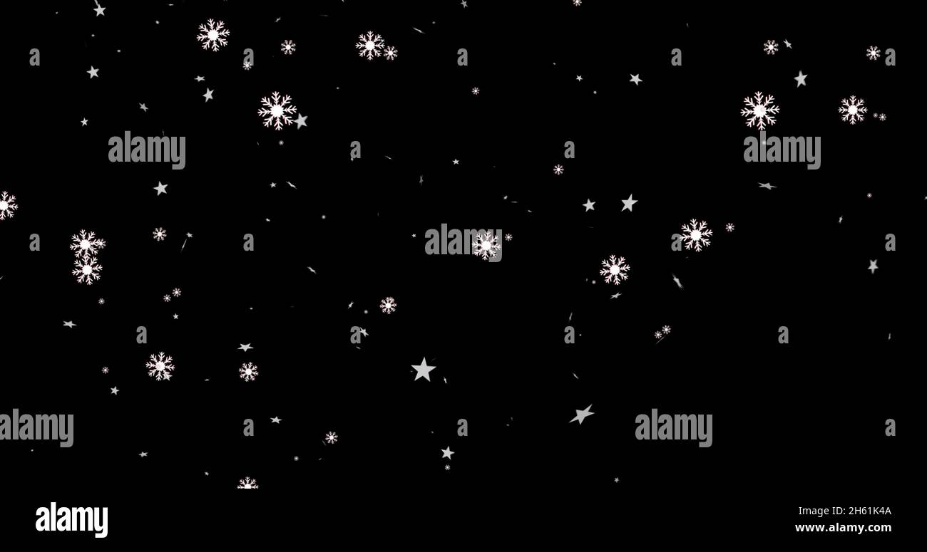 Image of christmas stars and snowflakes falling over black background ...