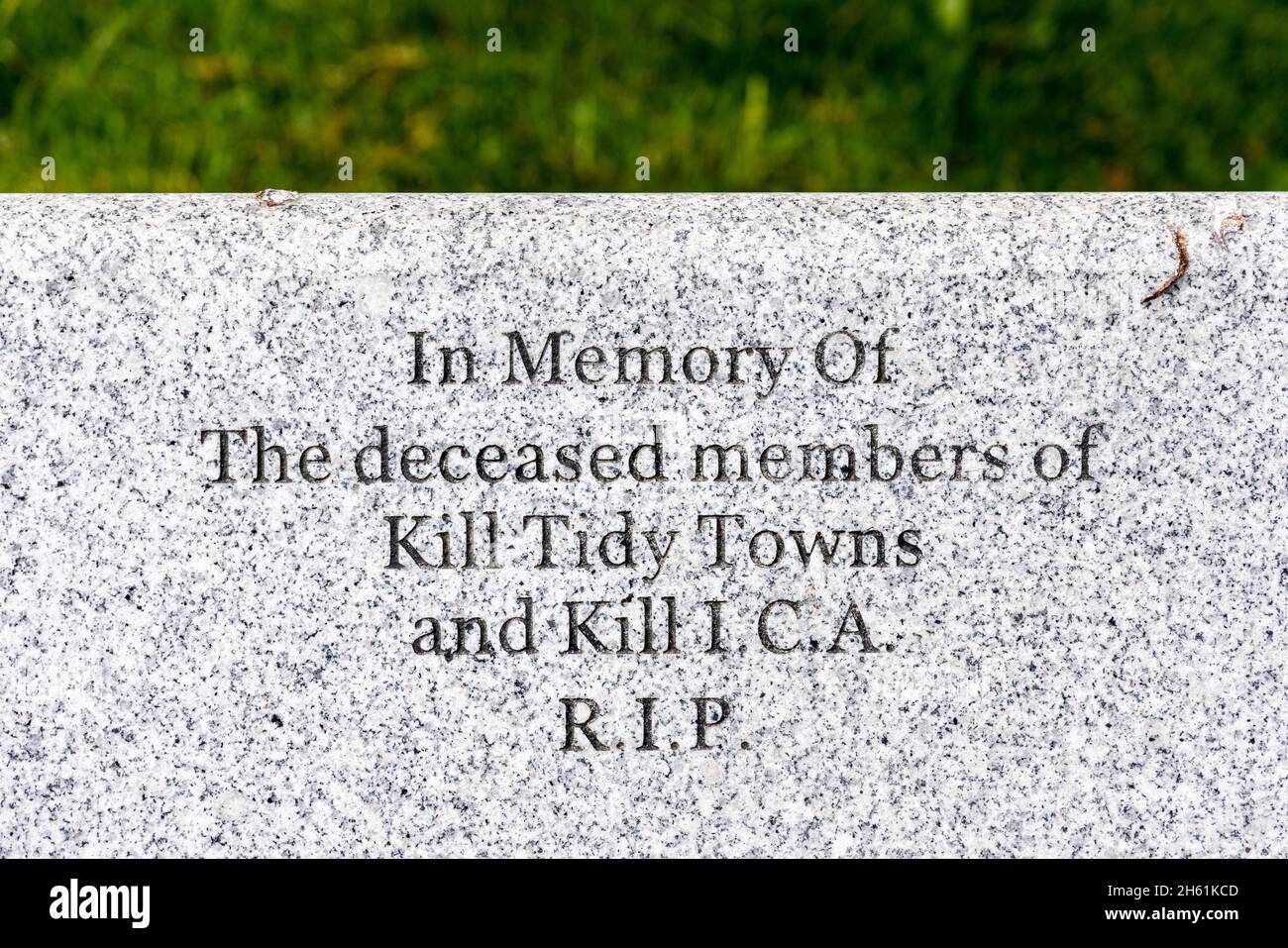 Engraving on a stone bench, In memory of the deceased members of Kill tidy towns and Kill ICA RIP, in Kill, County Kildare, Ireland, Stock Photo