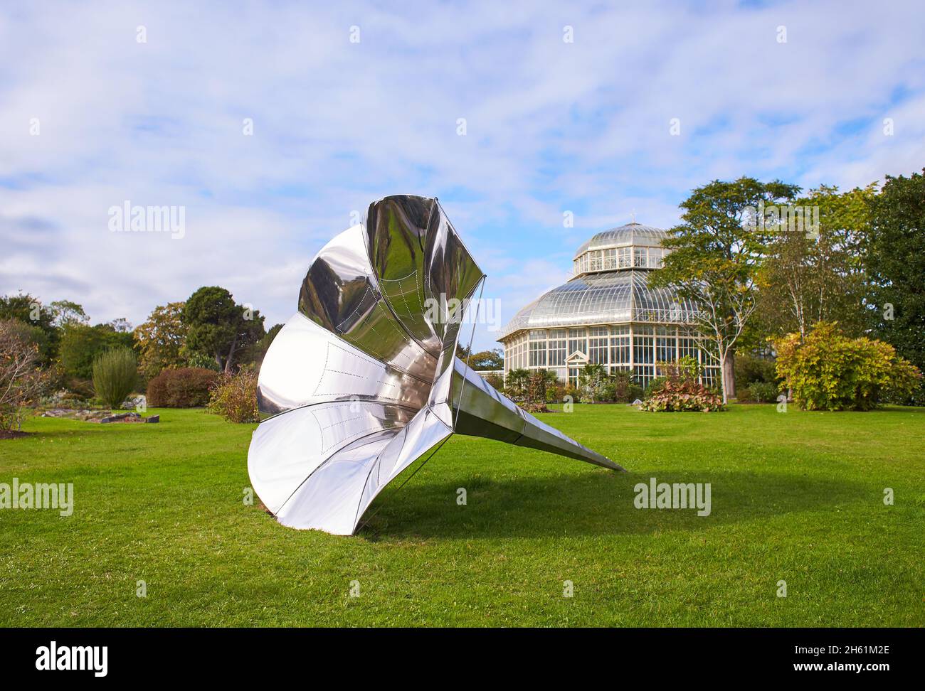 Dublin, Ireland - 10.20.2021: Big silver gramophone in The National Botanic Garden in Glasnevin, Dublin, Ireland Stock Photo