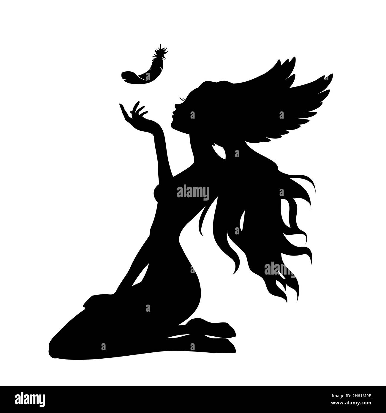 Silhouette of a girl with wings and a feather. Stock Vector