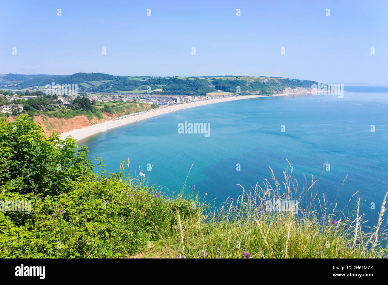 Aerial view of the beach from the SW coast path above Seaton beach a mixture of sand shingle and pebbles Seaton Bay Seaton Devon England UK GB Europe Stock Photo