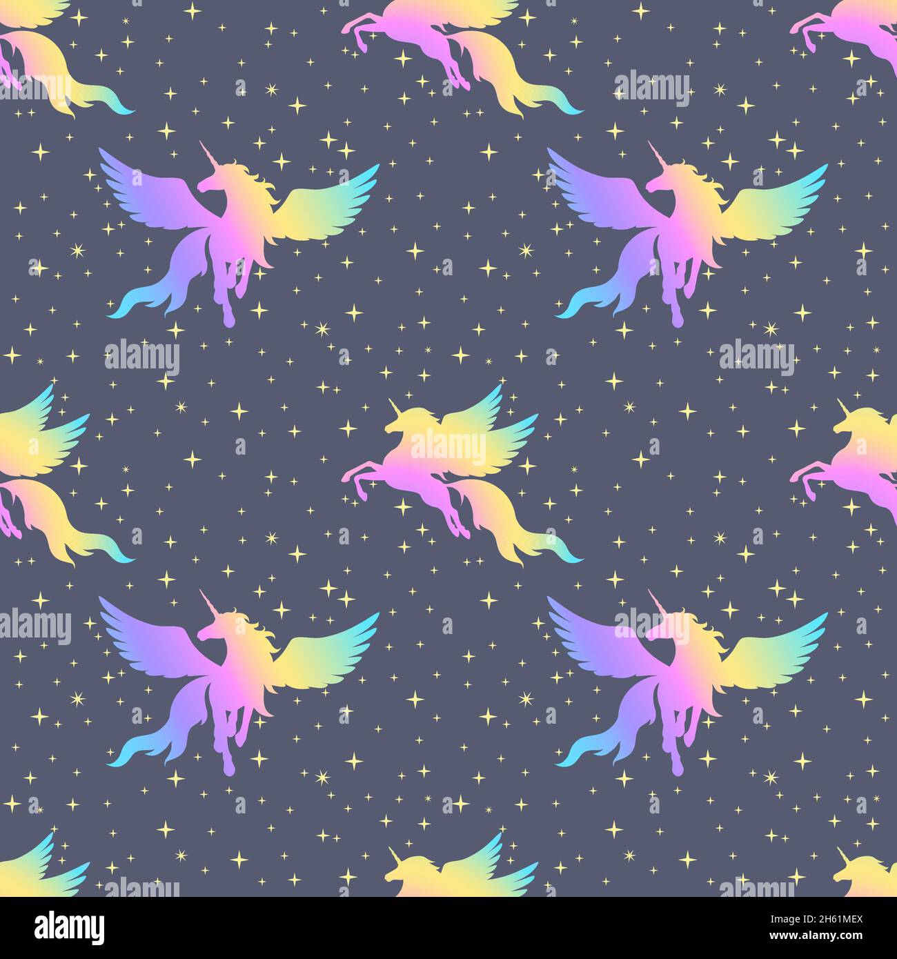 Unicorns with wings and stars. Seamless pattern. Stock Vector