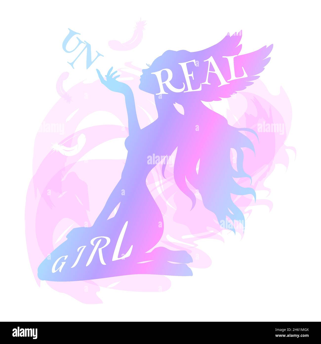 Silhouette of a girl with wings and a feather. Quote for girls. Unreal girl. Stock Vector