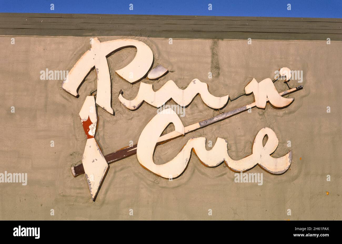 Pin n' Cue Bowling Alley facade sign, Smelter Avenue, Great Falls, Montana; ca. 1987 Stock Photo