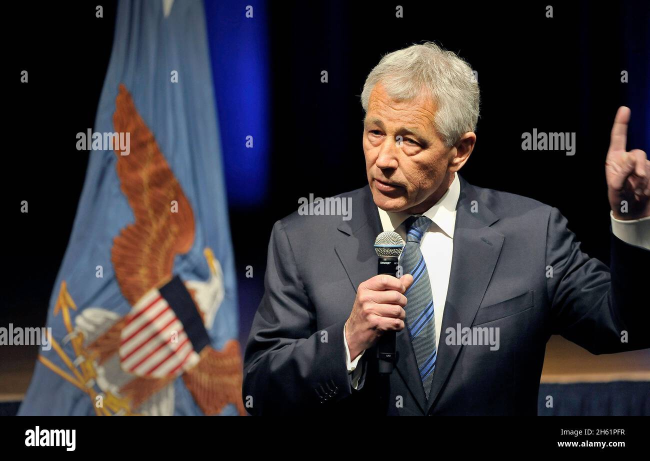 Newly sworn in 24th Secretary of Defense Chuck Hagel delivers remarks at his first all-hands meeting with the Pentagon community in the Pentagon Auditorium, Feb. 27, 2013. Stock Photo