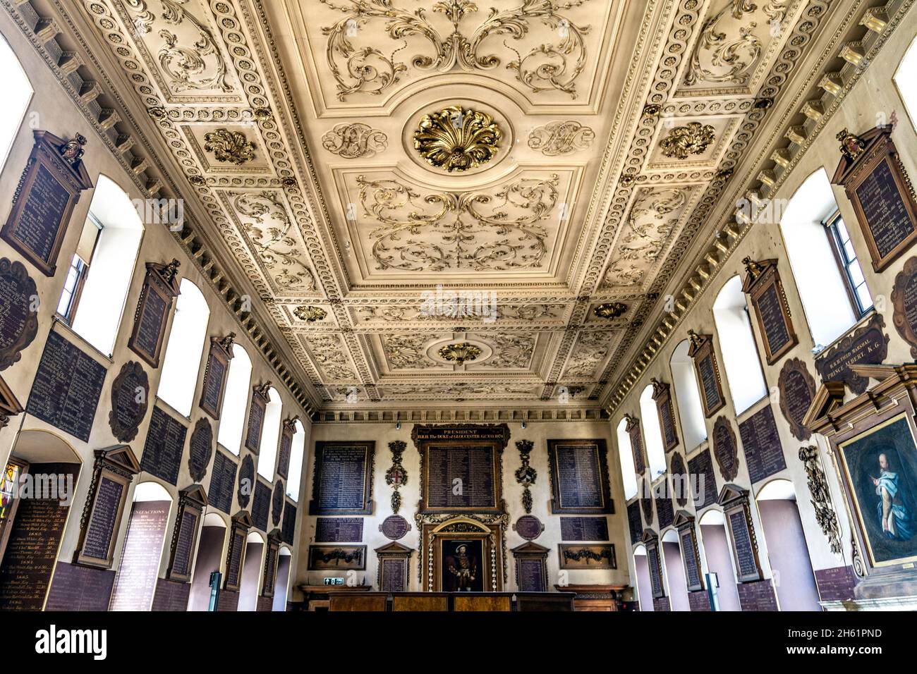 Interior of The Great Hall in the North Wing of St Bartholomew's Hospital with ornate ceiling by Jean Baptiste St Michell, London, UK Stock Photo