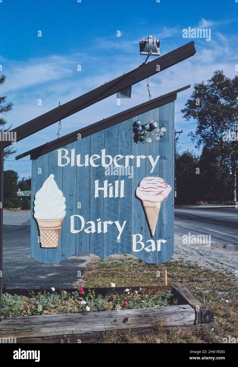 Blueberry Hill Dairy Bar ice cream sign, Rt 3, Ellsworth, Maine; ca. 1984 Stock Photo