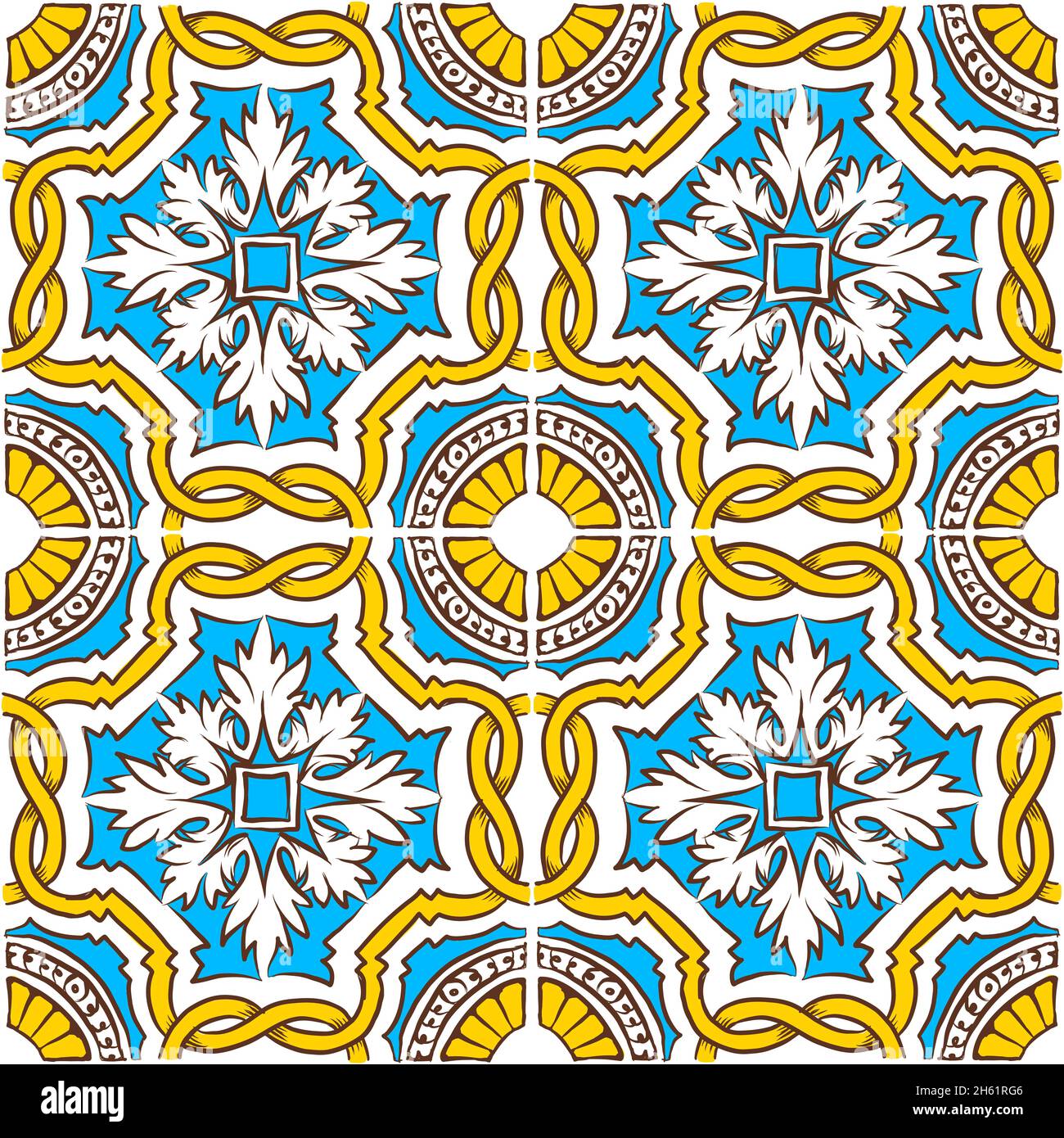 Colored hand drawn portuguese azulejos. Vector seamless patterns Blue, yellow abstract background for web backdrop, print, pillows, surface texture, w Stock Vector