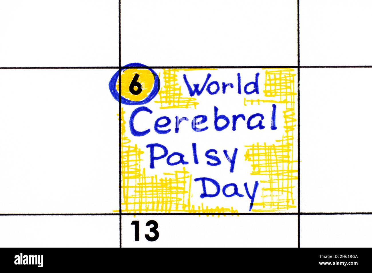 Handwriting reminder World Cerebral Palsy Day in calendar. October 6
