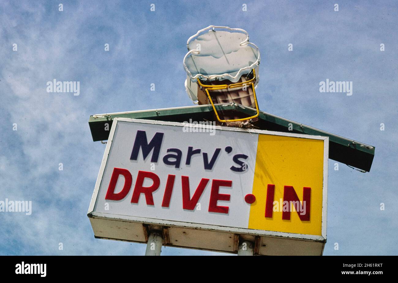 Marv's Drive-In ice cream sign, Rt 50, Fallon, Nevada; ca. 1980 Stock Photo