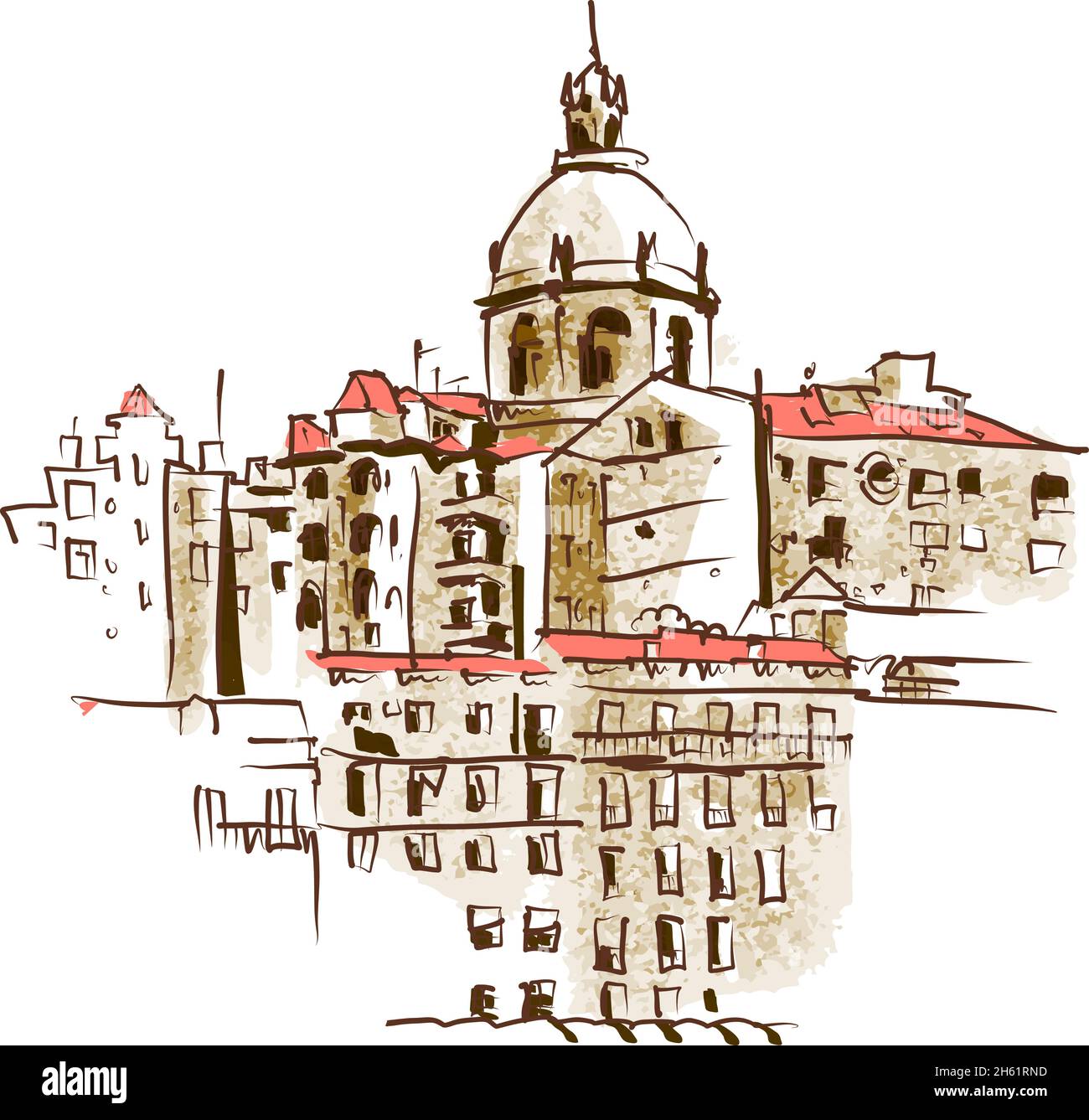 Ancient panorama of Lisbon, Portugal. drawing of urban landscape in hand drawn sketch style. Vector illustration on white background. Stock Vector
