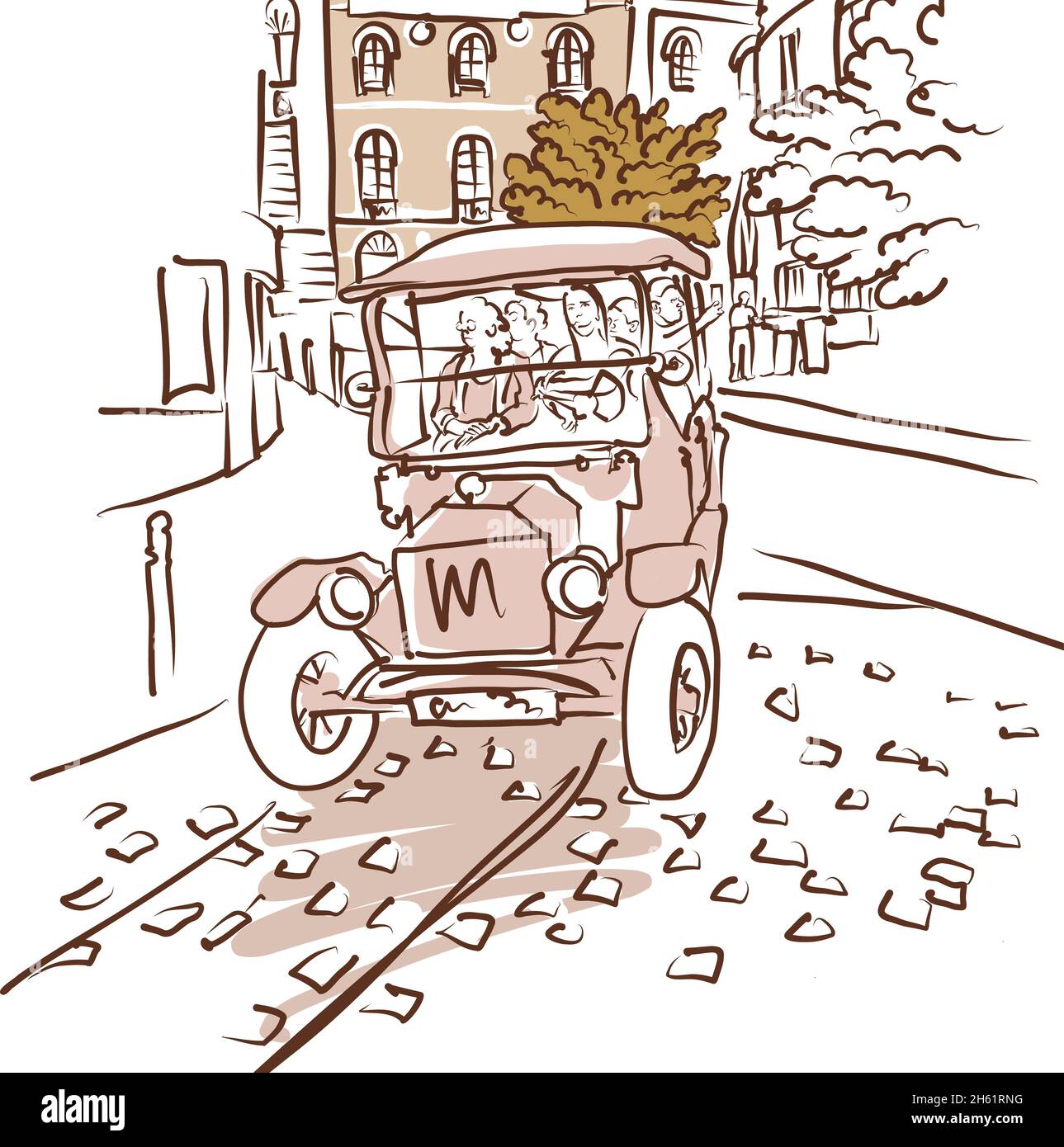 vintage car in city. Street view ,hand drawn, sketch style, isolated, vector, illustration. Stock Vector