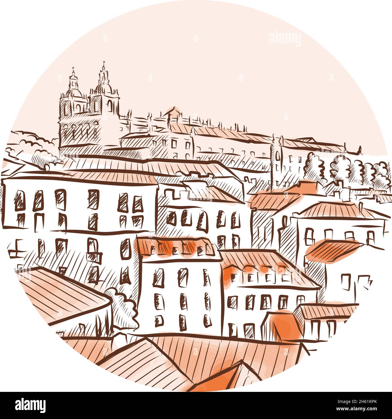 Lisbon city view drawing. Watercolor sketch with cityscape - hand drawn sketch illustration in vector. Stock Vector